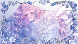 Rule 34 | 1girl, artist request, dress, floral background, highres, long hair, machita chima, nijisanji, pink hair, smile, white dress