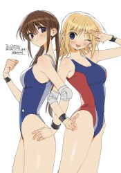 Rule 34 | 2girls, absurdres, ass, blonde hair, blue eyes, breasts, brown hair, character request, cleavage, from side, hand on own hip, highres, japanese text, large breasts, legs, long hair, looking at viewer, low twintails, medium breasts, multiple girls, one-piece swimsuit, one eye closed, salute, sideboob, smile, swimsuit, thighs, translation request, twintails, v, wink