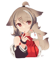 Rule 34 | 1girl, absurdres, animal, animal ears, animal on shoulder, arknights, blush, closed eyes, closed mouth, commentary request, cutter (arknights), ear piercing, eyes visible through hair, fennec fox, finger to mouth, fox ears, hair ornament, hairclip, head tilt, highres, jacket, light blush, long hair, long sleeves, looking at viewer, nail polish, off shoulder, open mouth, piercing, red eyes, red nails, red theme, retxoxt, shirt, signature, simple background, sleeveless, sleeveless shirt, solo, white background
