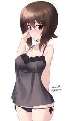Rule 34 | 1girl, artist name, black negligee, black panties, blush, breasts, brown eyes, brown hair, cameltoe, cleavage, closed mouth, collarbone, covered erect nipples, dated, girls und panzer, highres, kuzuryuu kennosuke, large breasts, lingerie, looking at viewer, navel, negligee, nishizumi maho, panties, see-through, short hair, side-tie panties, simple background, smile, solo, standing, thong, underwear, white background