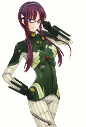 Rule 34 | 00s, 1girl, bad id, bad pixiv id, blue eyes, breasts, evangelion: 2.0 you can (not) advance, female focus, glasses, hand on own hip, highres, hip focus, long hair, makinami mari illustrious, neon genesis evangelion, plugsuit, prime, purple hair, rebuild of evangelion, smile, solo, twintails, white background