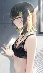 Rule 34 | 1girl, absurdres, black bra, black choker, black hair, blonde hair, bra, breasts, choker, cleavage, commentary request, ear piercing, earrings, glint, highres, idolmaster, idolmaster shiny colors, ikaruga luca, indoors, jewelry, lace, lace-trimmed bra, lace-trimmed choker, lace trim, lens flare, looking ahead, multicolored hair, navel, partial commentary, picture frame, piercing, ring, shadow, signature, sikimosh, small breasts, solo, stomach, streaked hair, tears, underwear, upper body