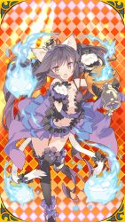 Rule 34 | 1girl, animal ears, animal hands, argyle, argyle background, argyle clothes, belt, black hair, black thighhighs, blade (galaxist), breast tattoo, cat ears, center opening, fang, fire, frills, gloves, highres, holding, jack-o&#039;-lantern, kuro magic, leg up, long hair, multiple tails, navel, official art, open mouth, paw gloves, paw pose, skirt, slit pupils, tail, tail garter, tattoo, thighhighs, uchi no hime-sama ga ichiban kawaii, yellow eyes