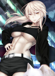 Rule 34 | 1girl, artoria pendragon (all), artoria pendragon (fate), belt, black jacket, black pants, blonde hair, breasts, cavall the 2nd, commentary request, dog, fate (series), hair between eyes, jacket, jewelry, koko (koko3), large breasts, long hair, looking at viewer, looking down, navel, necklace, official alternate costume, open clothes, open jacket, pants, saber alter, saber alter (ver. shinjuku 1999) (fate), solo, underboob, yellow eyes