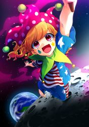 Rule 34 | 1girl, american flag dress, american flag legwear, blonde hair, clownpiece, earth (planet), facial mark, futoumeido, hat, highres, jester cap, long hair, looking at viewer, moon, open mouth, pantyhose, pink eyes, planet, polka dot, shirt, short sleeves, sky, smile, solo, space, star (sky), star (symbol), starry sky, striped clothes, striped pantyhose, toeless legwear, toes, torch, touhou