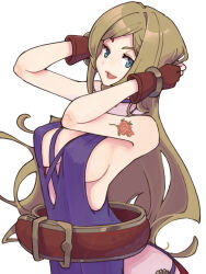 Rule 34 | 1girl, aqua eyes, arms behind head, blonde hair, breasts, cleavage, dress, fatal fury, garou: mark of the wolves, highres, jenet behrn, large breasts, legs, long hair, looking at viewer, open mouth, smile, tattoo, the king of fighters, thighs
