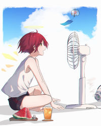 Rule 34 | amopui, arknights, bad id, bad pixiv id, cloud, cup, drinking glass, electric fan, exusiai (arknights), food, fruit, halo, highres, juice, melon, painting (medium), red eyes, red hair, short hair, shorts, sitting, solo, summer, sweat, tank top, traditional media, watercolor (medium)