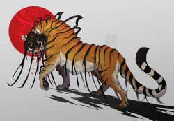 Rule 34 | animal focus, artist name, blood, blood from mouth, commentary request, constricted pupils, dream tiger (govy9807), from side, full body, full moon, grey background, highres, komiti, korean commentary, looking at viewer, looking back, monster, moon, no humans, open mouth, original, pawpads, red moon, sharp teeth, simple background, slit pupils, solo, teeth, tiger, tusks, walking, whiskers, yellow eyes