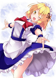 Rule 34 | 1girl, aka tawashi, apron, blonde hair, blue dress, blush, bow, bowtie, breasts, brown ribbon, commentary request, dress, feet out of frame, frilled apron, frills, hair ribbon, highres, looking at viewer, maid headdress, medium breasts, mugetsu (touhou), one eye closed, open mouth, petticoat, pointing, pointing at viewer, puffy short sleeves, puffy sleeves, red bow, red bowtie, ribbon, short hair, short sleeves, smile, solo, star (symbol), suspenders, thighs, touhou, touhou (pc-98), white apron, white background, wrist cuffs, yellow eyes