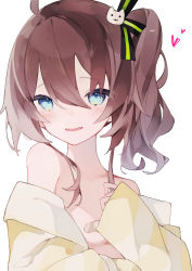 Rule 34 | 1girl, ahoge, aoiro 0w0, bandaid, bandaids on nipples, bare shoulders, black ribbon, blue eyes, breasts, brown hair, cat hair ornament, fangs, hair between eyes, hair ornament, hair ribbon, heart, highres, hololive, jacket, long sleeves, looking at viewer, medium hair, natsuiro matsuri, natsuiro matsuri (matsuri&#039;s day off), open clothes, open jacket, parted bangs, pasties, ribbon, side ponytail, simple background, skin fangs, sleeves past wrists, small breasts, solo, upper body, virtual youtuber, white background, yellow jacket