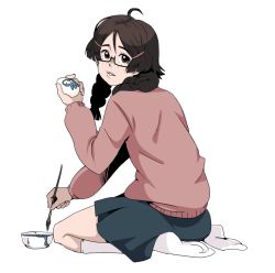 Rule 34 | 1girl, braid, brown eyes, brown hair, egg, freckles, glasses, hair ornament, hairclip, kneehighs, kneeling, kuragehime, kurashita tsukimi, looking at viewer, looking back, no shoes, paintbrush, parted lips, pink sweater, simple background, socks, solo, sweater, techsupportdog, twin braids, white background, white socks