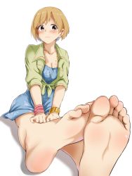 Rule 34 | 10s, 1girl, aiba yumi, barefoot, blush, bracelet, breasts, brown eyes, brown hair, casino (casinoep), cleavage, dress, feet, feet together, foot focus, foreshortening, idolmaster, idolmaster cinderella girls, jewelry, matching hair/eyes, medium breasts, necklace, presenting foot, shadow, shirt, short hair, simple background, soles, solo, toenails, toes, white background, wristband