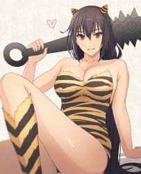 Rule 34 | 1girl, animal print, black hair, breasts, brown eyes, cleavage, club, club (weapon), collarbone, fake horns, hair between eyes, heart, holding, holding weapon, horns, kantai collection, kasumi (skchkko), large breasts, long hair, nagato (kancolle), oni horns, open mouth, setsubun, smile, solo, spiked club, thighhighs, tiger print, weapon