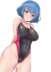 Rule 34 | 1girl, 3:, between legs, blue hair, blush, breasts, cleavage, commentary request, competition swimsuit, covered erect nipples, covered navel, cowboy shot, dutch angle, gluteal fold, hand between legs, large breasts, nakasima-syouta, one-piece swimsuit, original, purple eyes, short hair, simple background, solo, swimsuit, white background