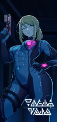 Rule 34 | 1girl, abs, blonde hair, blue bodysuit, blue eyes, blurry, blurry background, bodysuit, breasts, commission, covered abs, covered navel, gun, hair between eyes, hand on own hip, handgun, highres, holding, holding gun, holding weapon, holster, indoors, jetblaackk, long hair, looking at viewer, medium breasts, metroid, mole, mole under mouth, muscular, muscular female, nintendo, paralyzer, parted lips, ponytail, samus aran, sidelocks, skin tight, solo, stun gun, teeth, thigh holster, toned, weapon, zero suit