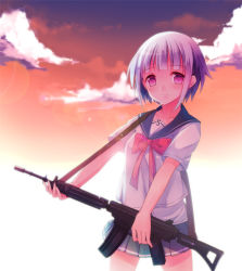 Rule 34 | 1girl, assault rifle, bad id, bad pixiv id, blue skirt, blush, bow, cloud, cresc-dol, dusk, fn fnc, fnc (upotte!!), gun, holding, holding gun, holding weapon, looking at viewer, outdoors, personification, pink eyes, pleated skirt, purple hair, red bow, rifle, school uniform, serafuku, short hair, short sleeves, skirt, sky, smile, solo, strap, upotte!!, weapon