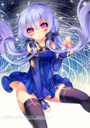 Rule 34 | 1girl, absurdres, ahoge, ao jun, black thighhighs, blue dress, blue gloves, blue hair, blush, character name, dress, elbow gloves, fingerless gloves, gloves, highres, looking at viewer, pink eyes, quad tails, sitting, sleeveless, sleeveless dress, solo, thighhighs, vocaloid, xingchen