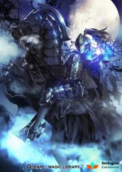 Rule 34 | 1boy, armor, armored animal, armored boots, balance scale, bare tree, black cape, black gloves, black horse, blue eyes, boots, cape, commentary, covered mouth, cuirass, cuisses, eye trail, faulds, fog, from side, full armor, full body, full moon, gauntlets, gloves, glowing, glowing eye, greaves, helm, helmet, holding, holding scale, horse, horseback riding, light trail, looking at viewer, looking to the side, male focus, moon, night, poleyn, qurare magic library, reins, riding, saeuchobab, solo, torn cape, torn clothes, tree, weighing scale