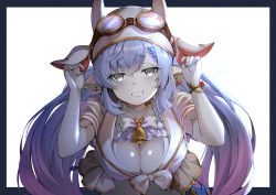 Rule 34 | 1girl, animal ears, bell, blue hair, breasts, catura (granblue fantasy), cleavage, collarbone, cow ears, cow girl, cow horns, draph, ear piercing, empty eyes, goggles, goggles on head, gradient hair, granblue fantasy, grin, hair between eyes, horns, jewelry, large breasts, long hair, looking at viewer, multicolored hair, pale skin, piercing, pilokey, pointy ears, purple hair, ring, smile, solo, swimsuit, twintails, very long hair