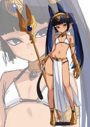 Rule 34 | 1girl, black hair, blue eyes, blue hair, blunt bangs, commentary, flat chest, full body, gauntlets, hairband, highres, long hair, looking at viewer, momendoufu, multicolored hair, navel, original, pelvic curtain, pointy ears, single bracer, single gauntlet, sketch, solo, staff, standing, stomach, two-tone hair, very long hair, zoom layer