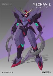 Rule 34 | character name, commentary, dual wielding, english commentary, gundam, gundam build divers, harryych, highres, holding, holding sword, holding weapon, looking ahead, mecha, no humans, red eyes, robot, solo, standing, sword, v-fin, weapon, xamdrag rex