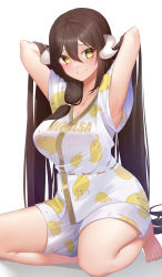 Rule 34 | 1girl, absurdres, armpits, azur lane, barefoot, breasts, brown hair, character name, character print, commentary request, curled horns, full body, hair between eyes, hands in hair, highres, horns, large breasts, long hair, manjuu (azur lane), mikasa (azur lane), mikasa (reverence for rest and relaxation) (azur lane), official alternate costume, seele0907, simple background, sleepwear, solo, very long hair, white background, white horns, yellow eyes