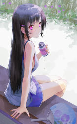 Rule 34 | 1girl, bare shoulders, bench, black hair, blue shirt, blue skirt, breasts, camisole, can, closed mouth, commentary, condensation, day, drink can, floral print, flower, from behind, grass, hair ornament, hairclip, hand fan, highres, holding, holding can, long hair, looking at viewer, looking back, medium breasts, miniskirt, nail polish, on bench, orange nails, original, outdoors, paper fan, pleated skirt, purple eyes, purple flower, shirt, sideboob, sitting, skirt, smile, soda can, solo, uchiwa, yurikuta tsukumi