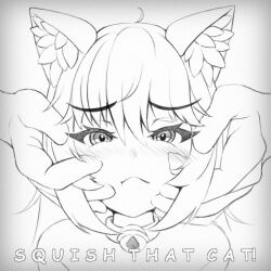 Rule 34 | 1girl, ahoge, animal ear fluff, animal ears, bell, blush, cat ears, cat girl, cheek squash, cheshire cat (monster girl encyclopedia), collar, english text, frown, hands on another&#039;s cheeks, hands on another&#039;s face, looking at viewer, monster girl encyclopedia, monster girl encyclopedia ii, wlper