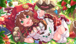Rule 34 | 1girl, animal hands, apple, apron, blush, book, bottle, bow, bowtie, braid, breasts, brown hair, cleavage, commentary, cross-laced footwear, day, dress, food, fruit, full body, gloves, grass, green eyes, hair between eyes, highres, jimmy madomagi, kneehighs, lace, lace-trimmed legwear, lace trim, legs together, looking at viewer, lying, medium breasts, medium hair, mushroom, nijisanji, on side, open mouth, outdoors, paw gloves, picnic basket, plaid, plaid dress, plant, red bow, red bowtie, red dress, red footwear, red hood, sample watermark, shoes, side braids, smile, sneakers, socks, solo, strawberry, sunlight, thighhighs, thighs, twin braids, virtual youtuber, warabeda meiji, watermark, white socks, wine bottle