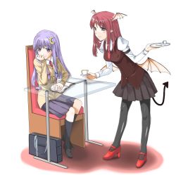 Rule 34 | 2girls, alternate costume, armband, black socks, blazer, blush, book, bow, breasts, briefcase, buttons, casual, cellphone, chair, coffee, contemporary, crescent, crescent hair ornament, cup, demon tail, desk, dress shirt, embodiment of scarlet devil, female focus, hair bow, hair ornament, hand on own cheek, hand on own face, haruichi (komikal), head wings, high heels, highres, jacket, kneehighs, koakuma, long hair, long sleeves, low wings, medium breasts, multiple girls, necktie, no headwear, open book, pantyhose, patchouli knowledge, phone, pleated skirt, pointy ears, purple eyes, purple hair, red eyes, red footwear, red hair, red necktie, saucer, school uniform, shirt, shoes, sidelocks, sitting, skirt, smile, socks, tail, teacup, touhou, tray, uniform, vest, wings