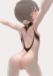 Rule 34 | 1girl, ahoge, arched back, armpits, ass, back, black eyes, black hair, bottomless, breasts, clitoris, colored eyelashes, foreshortening, from behind, head tilt, highres, ico, looking at viewer, looking back, musen-shiki sanhankikan, nipples, outstretched arms, pale skin, puffy nipples, pussy, short hair, sideboob, simple background, small breasts, solo, spread arms, standing, uncensored, white background, yorda