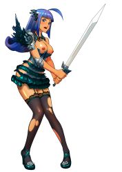 Rule 34 | 1girl, absurdres, blue eyes, blue hair, blush, breasts, female focus, highres, long hair, matching hair/eyes, newface, nipples, open mouth, original, solo, standing, sword, weapon