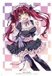 Rule 34 | 1girl, :d, absurdres, anapom, asymmetrical legwear, black thighhighs, breasts, cleavage, dress, fang, frilled dress, frilled thighhighs, frills, green eyes, hairband, highres, large breasts, lolita fashion, lolita hairband, long sleeves, mismatched legwear, open mouth, red hair, smile, solo, thighhighs, twintails