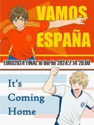 2boys arm_up axis_powers_hetalia blonde_hair blue_shorts brown_hair euro_2024 green_eyes grin highres looking_to_the_side multiple_boys nana_(nana5177) open_mouth red_shirt shirt short_sleeves shorts smile soccer soccer_uniform spain_(hetalia) sportswear uefa_euros united_kingdom_(hetalia) white_shirt