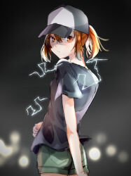 Rule 34 | 1girl, alternate costume, alternate hairstyle, arms behind back, baseball cap, black background, black hat, black shirt, breasts, brown eyes, brown hair, casual, closed mouth, commentary, cowboy shot, curled fingers, electricity, electrokinesis, expressionless, from behind, from side, green shorts, grey background, hair between eyes, hair up, hat, highres, light frown, looking at viewer, looking back, looking to the side, misaka mikoto, natsu (batti yeah), ponytail, shaded face, shirt, short hair, short shorts, short sleeves, shorts, sidelocks, small breasts, solo, standing, t-shirt, toaru kagaku no railgun, toaru majutsu no index, two-tone headwear, undershirt, white hat