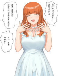 Rule 34 | 1girl, :d, ^ ^, a1 (initial-g), blunt bangs, breasts, choker, cleavage, closed eyes, commentary request, dress, girls und panzer, long hair, medium breasts, nail polish, open mouth, orange hair, ribbon, ribbon choker, simple background, smile, solo, takebe saori, translation request, white background, white choker, white dress, white nails, white ribbon
