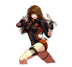 Rule 34 | 00s, 1girl, absurdres, blood, brawler (dungeon and fighter), brown eyes, brown hair, claw (weapon), cropped legs, dungeon and fighter, fighter (dungeon and fighter), happening18, highres, knife, long hair, official art, patyuno, simple background, solo, weapon, white background