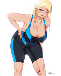 Rule 34 | 1girl, armpits, artist name, bar censor, bare shoulders, blaccura, blonde hair, blue eyes, bodysuit, breasts, bulge, censored, cleavage, covered erect nipples, covered navel, earrings, flaccid, full-package futanari, futanari, hand on own hip, highres, huge penis, jewelry, large breasts, leaning forward, leotard, long hair, looking at viewer, mole, open mouth, original, penis, piercing, skin tight, skindentation, solo, tongue, tongue out, tongue piercing, veins, veiny penis