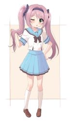 Rule 34 | 1girl, blue sailor collar, blue skirt, blush, bow, bowtie, brown bow, brown bowtie, brown footwear, full body, green eyes, hair bow, hairband, hand on own hip, highres, kneehighs, loafers, long hair, looking at viewer, miniskirt, misaki sango, one eye closed, parted lips, pink hair, pleated skirt, re:stage!, sailor collar, school uniform, serafuku, shirt, shoes, short sleeves, sincos, skirt, socks, solo, twintails, white shirt, white socks
