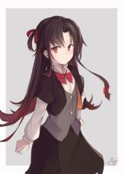 Rule 34 | 10s, 1girl, black jacket, black skirt, bow, bowtie, brown hair, collared shirt, commentary request, cropped jacket, gotou (go to 1014), gradient hair, grey background, grey vest, hair between eyes, hair bow, jacket, layered sleeves, long hair, long sleeves, multicolored hair, one side up, open clothes, open jacket, parted bangs, red bow, red bowtie, red eyes, red hair, ryuuou no oshigoto!, shirt, short over long sleeves, short sleeves, signature, skirt, solo, two-tone background, very long hair, vest, white background, white shirt, yashajin ai