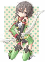 Rule 34 | 10s, 1girl, alternate costume, armor, arrow (projectile), black eyes, black hair, bow (weapon), breastplate, detached sleeves, fingerless gloves, gloves, rateratte, shinon (sao:im), short hair, short shorts, shorts, sinon, sword art online, sword art online: infinity moment, thighhighs, weapon