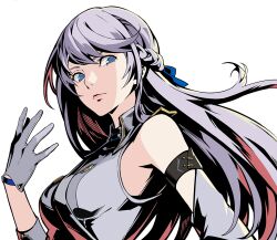 Rule 34 | 1girl, bare shoulders, blue eyes, blue ribbon, breasts, closed mouth, detached sleeves, elbow gloves, female focus, floating hair, gloves, long hair, looking at viewer, medium breasts, montagne kotone, official art, persona, persona 5, persona 5: the phantom x, ribbon, solo, transparent background, upper body, white gloves, white hair