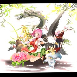 Rule 34 | 1girl, :d, at-yui, bandages, bird, breasts, double bun, dragon, eagle, female focus, flower, highres, ibaraki kasen, letterboxed, monkey, open mouth, pink hair, raijuu, red eyes, rose, short hair, skirt, smile, solo, tabard, touhou
