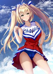 Rule 34 | 1girl, ahoge, alternate costume, bare shoulders, blonde hair, blue panties, blue sky, blush, breasts, cheerleader, closed mouth, clothes writing, fate/extra, fate (series), fist pump, fukuda shuushi, green eyes, hair between eyes, hair intakes, hand on own hip, highres, large breasts, long hair, looking at viewer, nero claudius (fate), nero claudius (fate) (all), nero claudius (fate/extra), panties, red skirt, skirt, sky, smile, solo, thighs, twintails, underwear