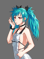 Rule 34 | 1girl, absurdres, blue hair, closers, collarbone, covered erect nipples, grey background, highres, red eyes, simple background, solo, tina (closers), tongue, tongue out, twintails, yeoul