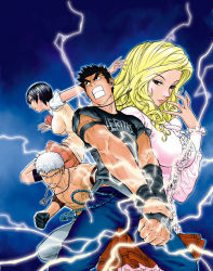 Rule 34 | 2boys, 2girls, angry, armband, black eyes, black hair, blonde hair, breasts, chain, clenched teeth, electricity, frills, gloves, impossible clothes, impossible shirt, jewelry, kim dong-hoon, large breasts, long hair, multiple boys, multiple girls, muscular, necklace, red eyes, school uniform, shirt, short hair, skirt, sweater vest, teeth, topless male, veritas, white hair, wristband