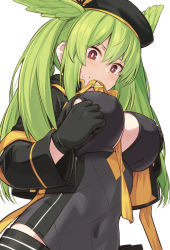 Rule 34 | 1girl, beret, black dress, black gloves, black hat, black jacket, blush, breasts, covered navel, cropped jacket, dress, fate/grand order, fate (series), gloves, green hair, hat, head wings, jacket, long hair, long sleeves, olrun (fate), open clothes, open jacket, red eyes, shiseki hirame, sidelocks, solo, twintails, valkyrie (fate), wings