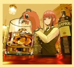 Rule 34 | 1girl, 974839269, alcohol, alternate costume, bartender, beer, black necktie, black vest, bottle, breasts, campari, chainsaw, chainsaw man, champagne, champagne bottle, collared shirt, counter, cup, drinking glass, expressionless, highres, holding shaker, ice, jack daniel&#039;s, long sleeves, looking afar, looking down, makima (chainsaw man), medium breasts, medium hair, necktie, pochita (chainsaw man), red hair, ringed eyes, shirt, shot glass, sidelocks, sparkling eyes, standing, vest, whiskey, white shirt, wine bottle