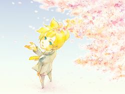 Rule 34 | 1boy, aqua eyes, blonde hair, cherry blossoms, colored pencil (medium), formal, from above, kagamine len, looking up, male focus, nature, necktie, outdoors, painting (medium), short hair, shou shishi, solo, suit, traditional media, tree, vocaloid, watercolor (medium)