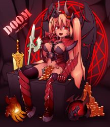 Rule 34 | 1girl, :d, between legs, chain, coin, demon girl, doom (dota), dota (series), dota 2, evil smile, full body, gender request, genderswap, gold, hooves, horns, knee pads, navel, no panties, open mouth, rabbitbrush, shaded face, smile, solo, throne, twintails